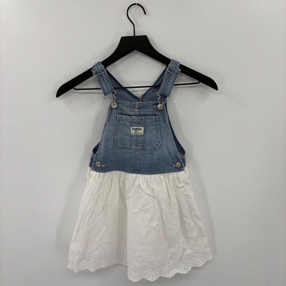 OshKosh Denim Eyelet Jumper Dress Toddler 5T Blue White Lace Summer Cottagecore